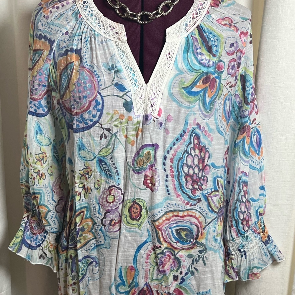 Spense Blue Bell Sleeve Blouse with Embellished Pleats